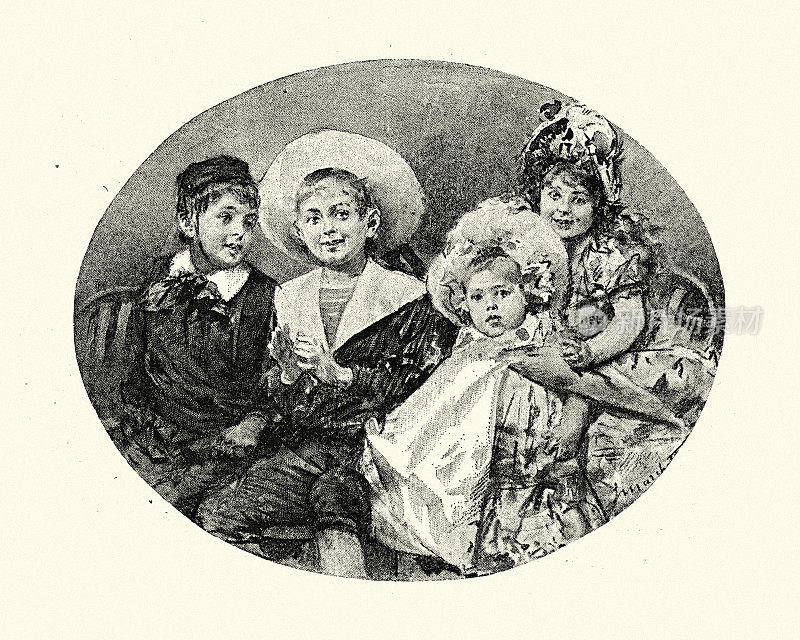 一群维多利亚时代的孩子，男孩和女孩，法国，1880年代，19世纪