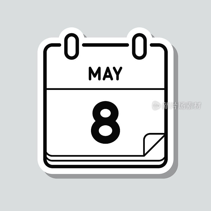 5月8日。灰色背景上的图标贴纸