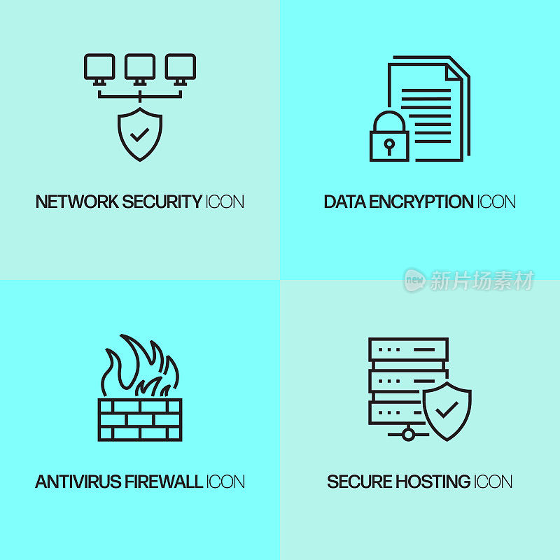 网络安全，数据安全相关的线路图标。矢量轮廓符号插图。
