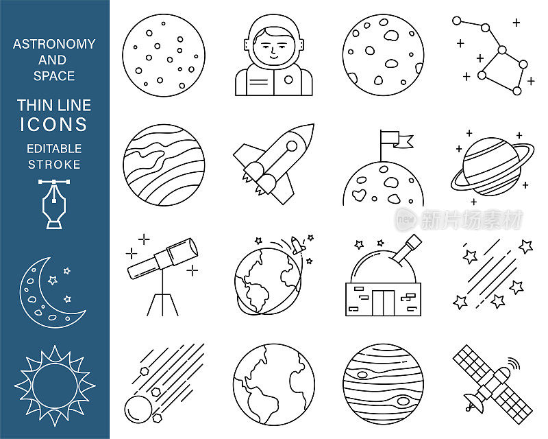 天文和空间细线图标设置与可编辑的笔画