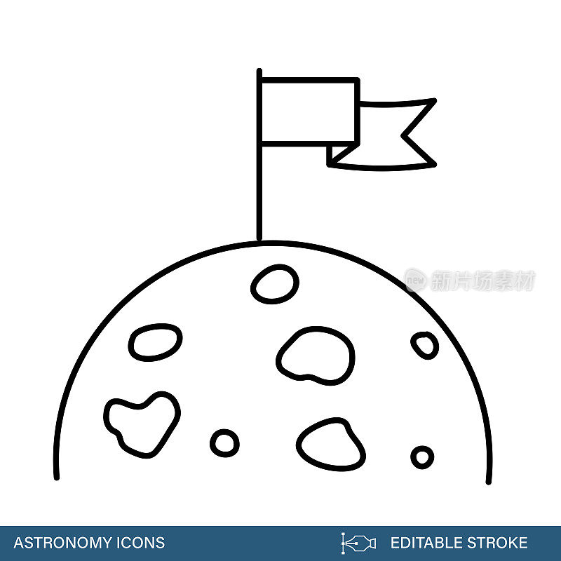 月球上的旗帜-天文学和空间细线与可编辑的笔画的图标