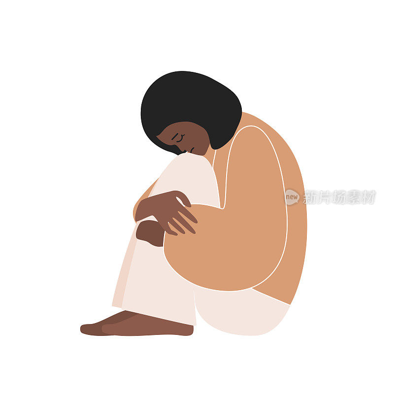矢量平面概念与悲伤的非洲裔美国妇女拥抱她的膝盖。女孩情绪低落。她感到职业倦怠、疲惫和沮丧