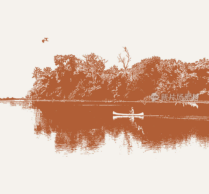和鱼鹰在宁静的湖面上划独木舟