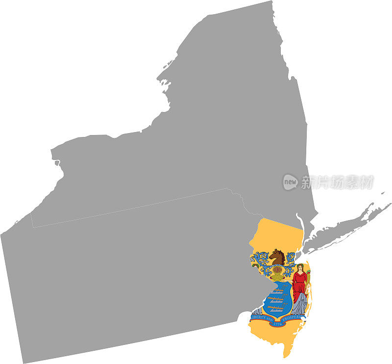 美国联邦新泽西州的地图，在美国中大西洋地区的地图里面有州旗