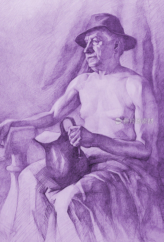 插图铅笔画肖像人物老人与灰色头发在一顶帽子和一壶酒在一个浅紫色铅笔阴影纸背景