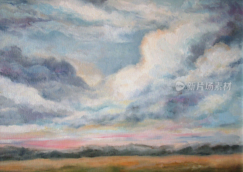 田野上的天空和云朵，油画
