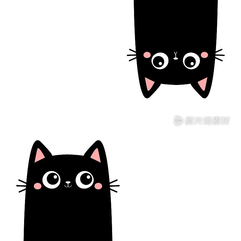 两只黑猫脸头倒挂着。猫。可爱可爱的卡通婴儿角色。万圣节快乐。笔记本不干胶打印模板。平面设计。白色背景