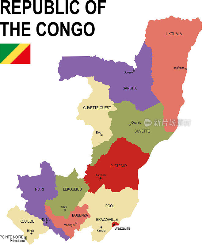 刚果共和国彩色平面地图与旗帜
