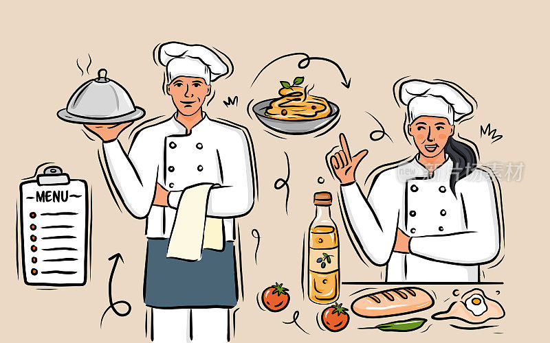 厨师烹饪餐厅，卡通风格矢量插图