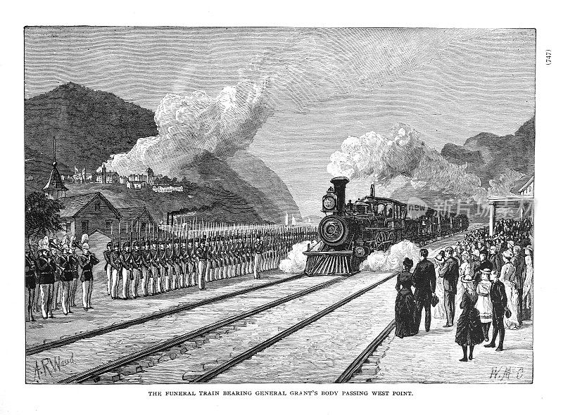 载着格兰特将军遗体的葬礼列车经过西点，刻字1892年