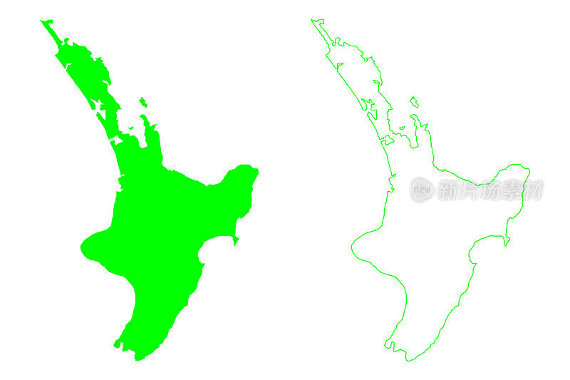 北岛(新西兰)地图矢量插图，涂鸦草图伊卡-毛伊岛地图