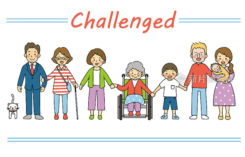 假肢、轮椅、视障、听障、不同种族和年龄的人的插图