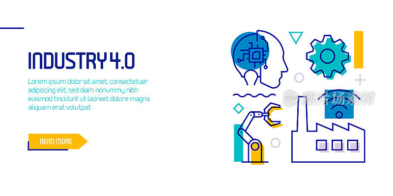 工业4.0相关设计元素。带有轮廓图标的图案设计。色彩斑斓的矢量图