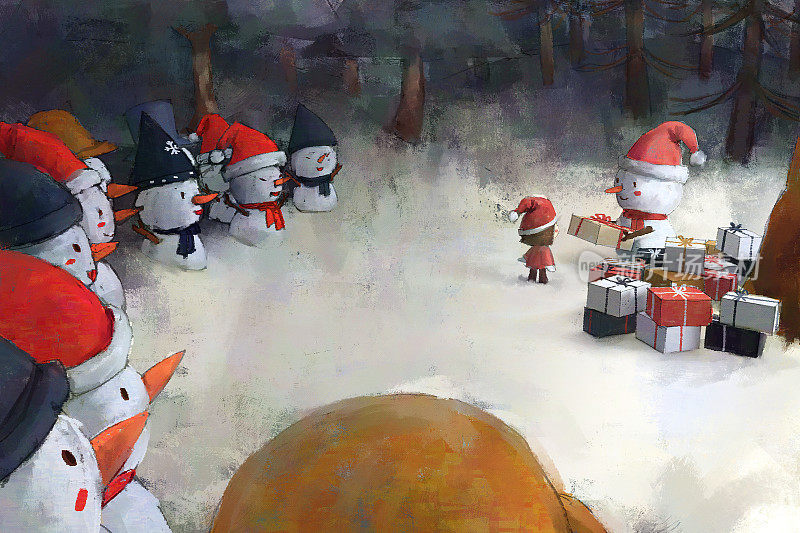 数字艺术绘画套雪人在冬季圣诞节给小女孩的圣诞礼物。
