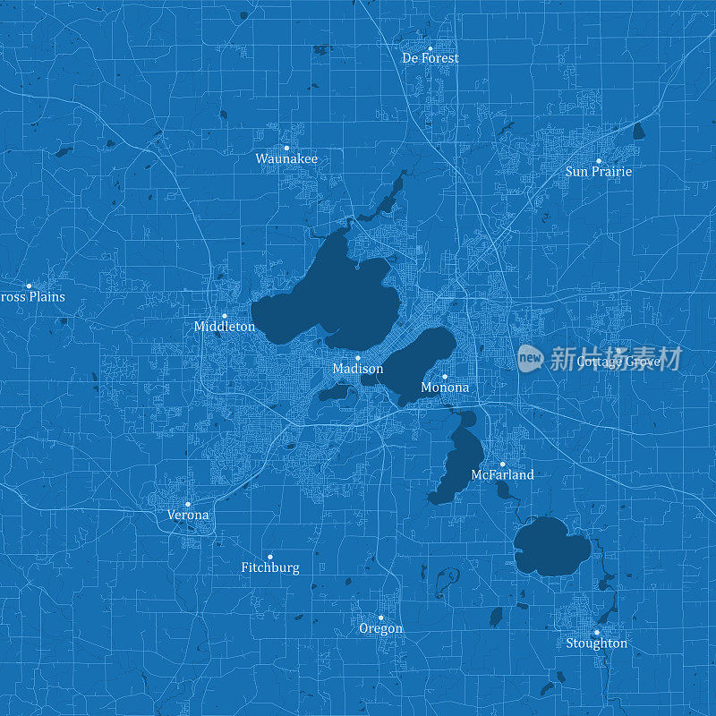 大麦迪逊WI城市矢量道路地图蓝色文本