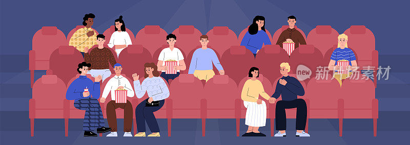 人们坐在电影院或电影院礼堂的红色座位上看电影。