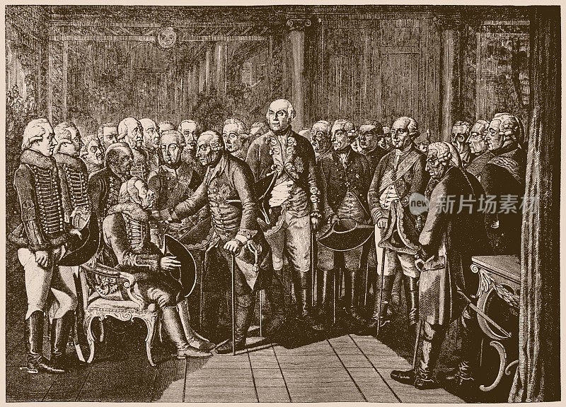汉斯・约阿希姆・冯・齐滕将军(左边)正在接受普鲁士国王腓特烈二世的接见