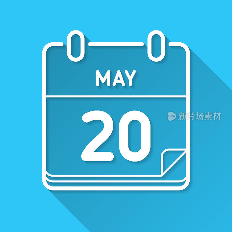 5月20日。蓝色背景上的图标-长阴影平面设计