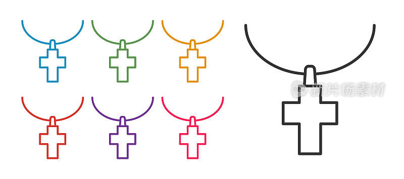 设置线基督教十字架链图标孤立的白色背景。教堂的十字架。设置图标丰富多彩。向量
