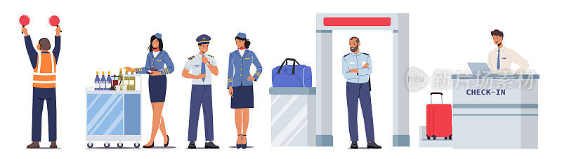 机场工作人员，空中交通管制员，飞机驾驶员，机场登记员，保安和空中小姐