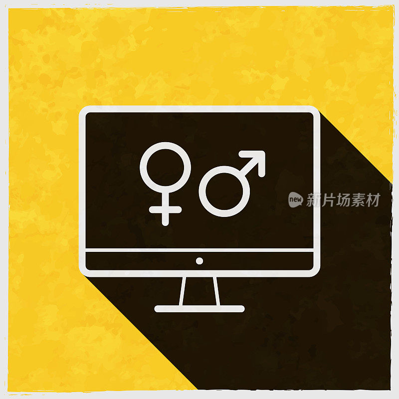 带有性别符号的台式电脑。图标与长阴影的纹理黄色背景