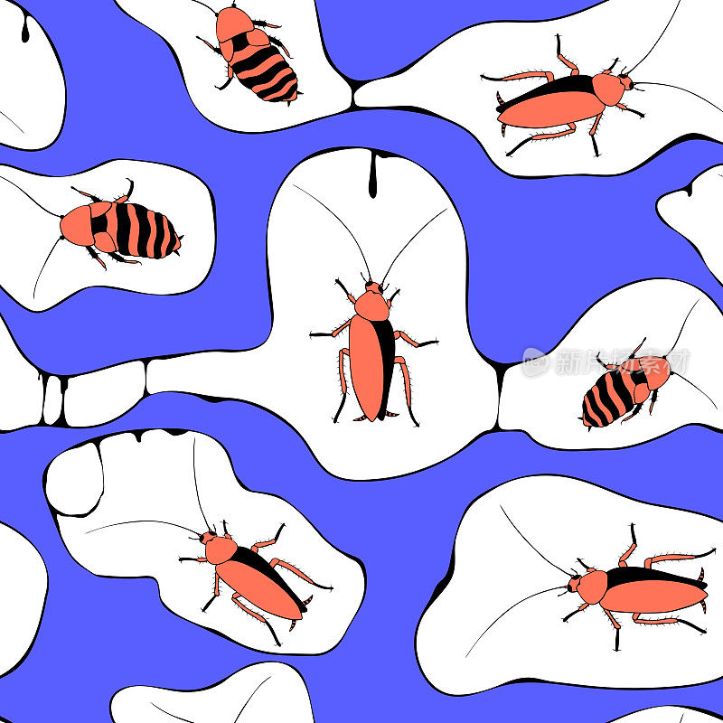 矢量无缝模式从东方和马达加斯加蟑螂，甲虫，昆虫。虫害防治背景和纹理