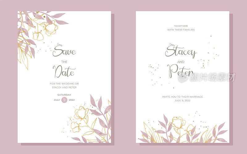一套卡花，树叶，水彩。婚礼设计的邀请。向量装饰背景卡或邀请设计。