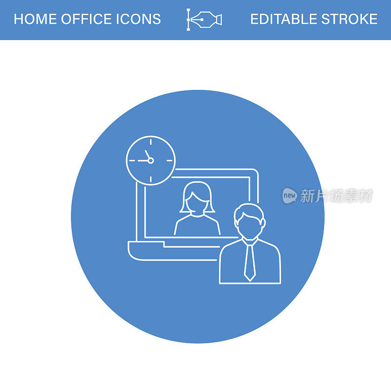 在线会议或视频会议家庭办公室线路图标蓝色圆圈透明背景