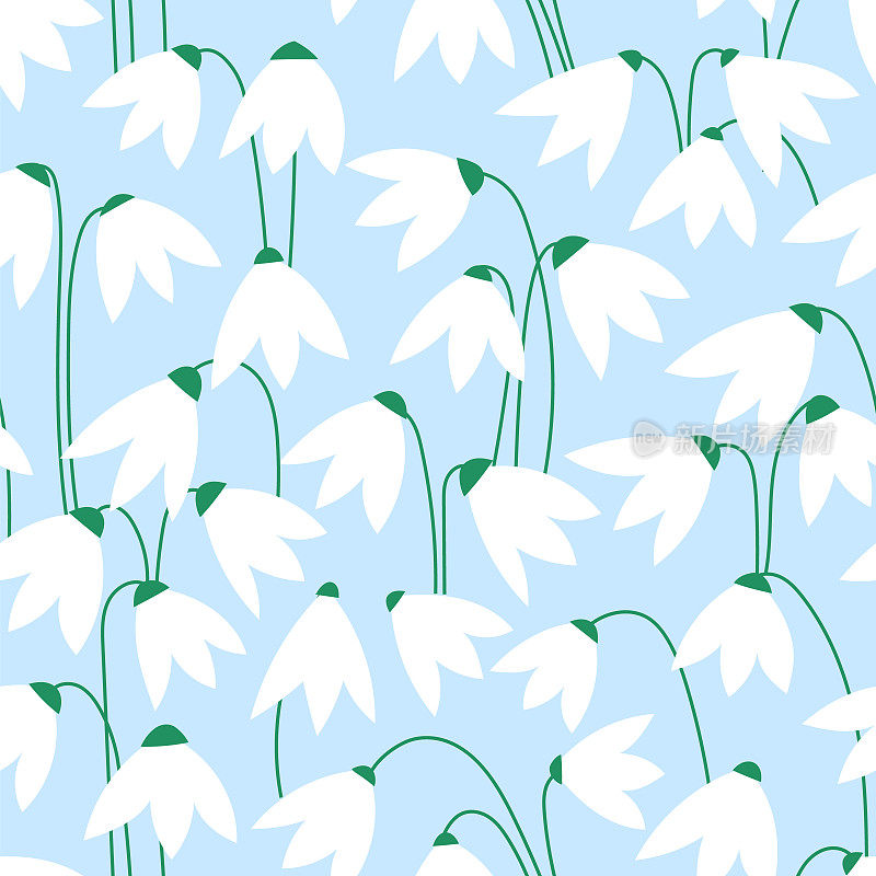 简单的雪花莲春花无缝图案。蓝色的雪花莲背景纹理