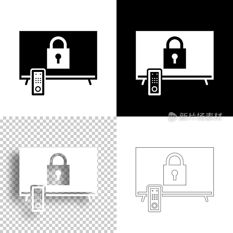 电视用挂锁。图标设计。空白，白色和黑色背景-线图标
