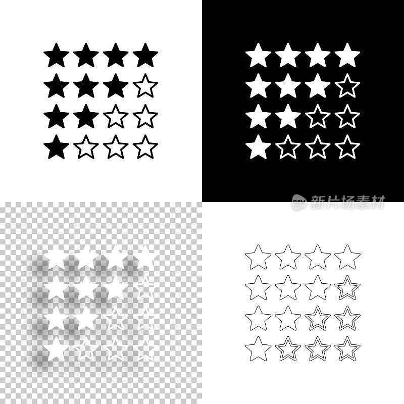 星评级。图标设计。空白，白色和黑色背景-线图标