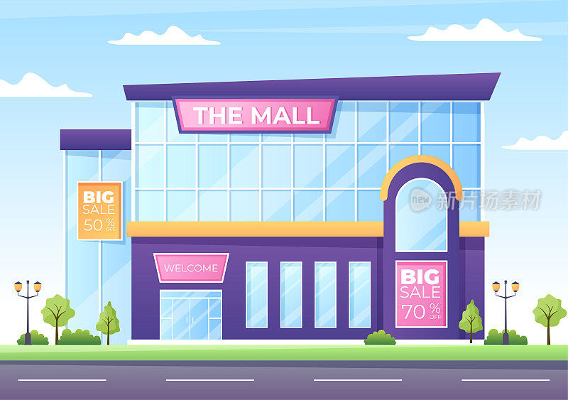 现代购物中心建筑背景插图与外部和各种商店内的平面风格设计