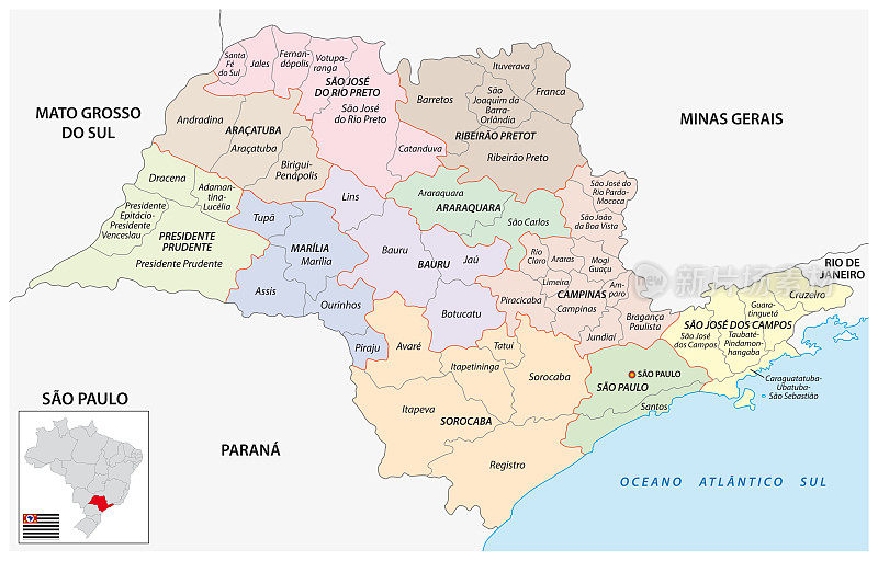 中间和直接地理区域的圣保罗，巴西地图