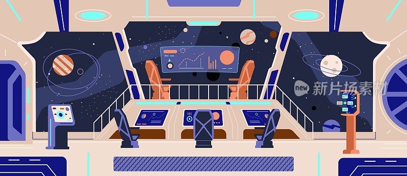 探索外太空的宇宙飞船，带有电子设备和屏幕的驾驶舱内部，平面矢量插图。
