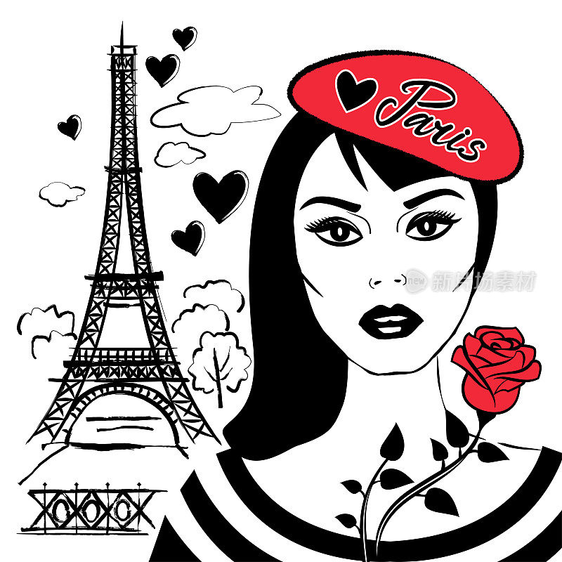美丽的女孩戴着贝雷帽，象征法国-埃菲尔铁塔。时尚年轻女子和法国首都巴黎。向量速写插图。