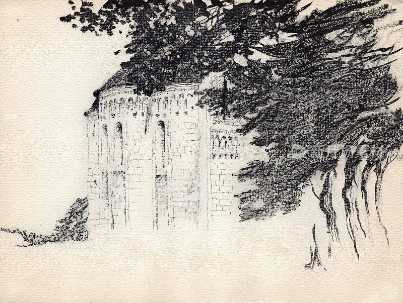 古墨水和钢笔风景素描，大教堂的看法在弗拉基米尔市通过树枝