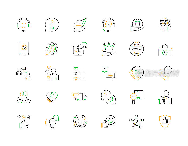 客户支持相关的矢量细线图标。大纲符号集合