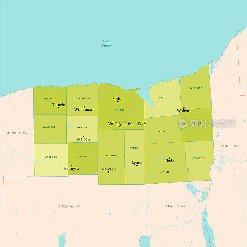 纽约韦恩县绿色矢量地图