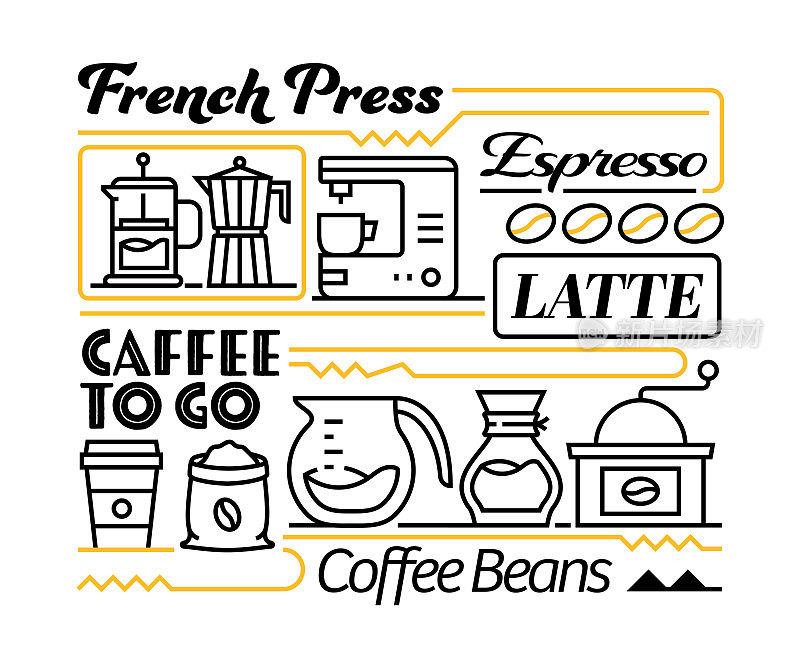 咖啡对象和元素。线条图标插图集合。图标设置或标题模板。