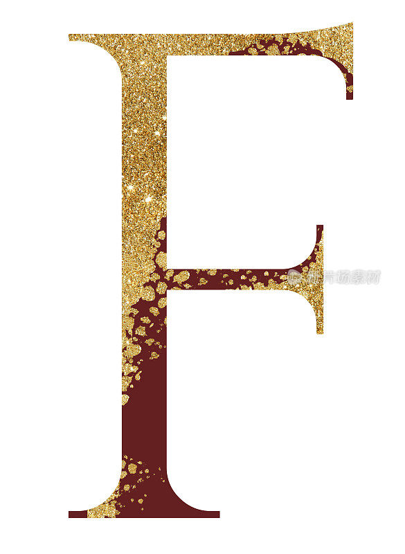 深红色和金色闪耀的大写字母F具有分散效果，喜庆的设计元素