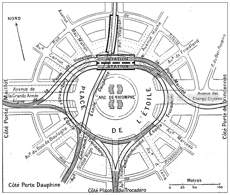 古董插图:巴黎地铁地下地图，星形广场