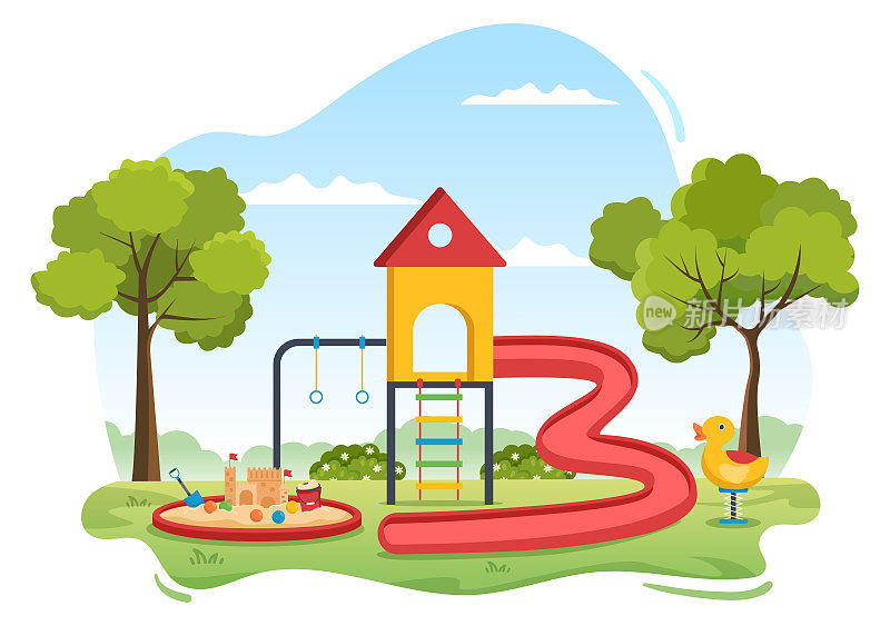 儿童游乐场与秋千，滑梯，爬梯和更多的游乐场为孩子们玩在平面卡通插图