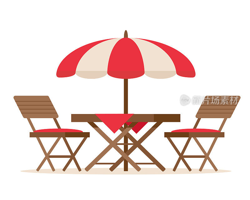 夏日露台度假家具。餐厅或咖啡馆的木桌，椅子和沙滩伞。