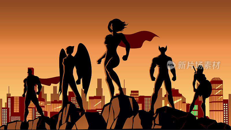 矢量女性领导的超级英雄团队剪影在岩石与城市景观背景股票插图