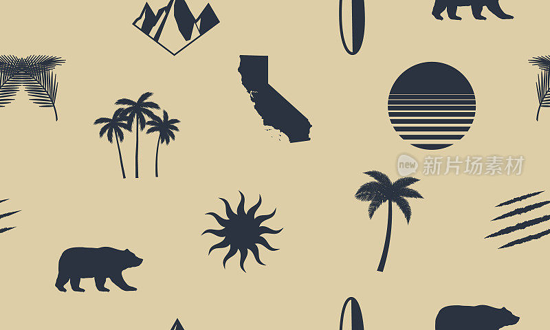 加州无缝模式。加州的背景。在白色背景上孤立的老式加利福尼亚符号。矢量图