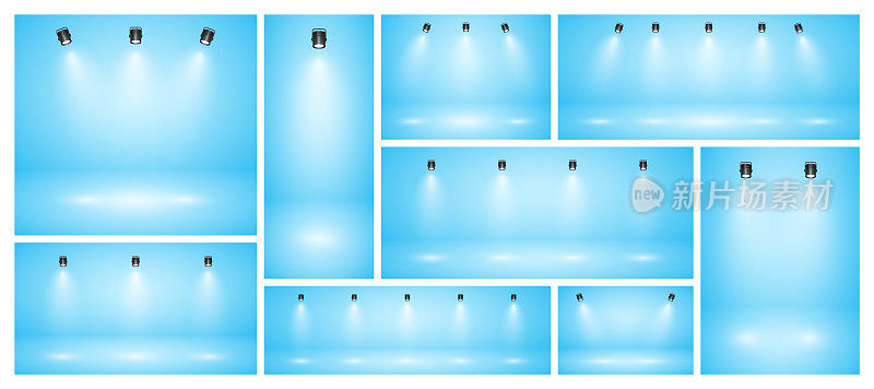 空的蓝色工作室抽象背景与聚光灯。产品展示背景与聚光灯效果。舞台灯光。矢量图