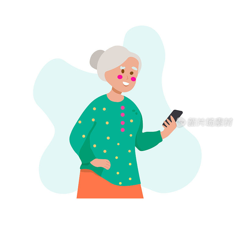 老妇人高兴地看着智能手机。老年人使用智能设备。孤立矢量图