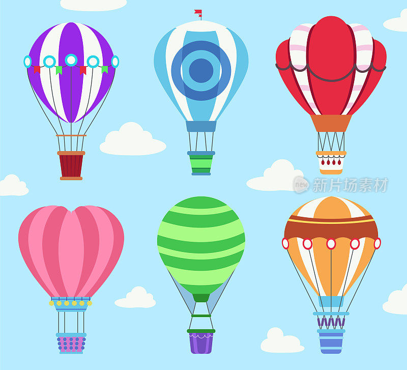 彩色热气球飞行在天空矢量插图集