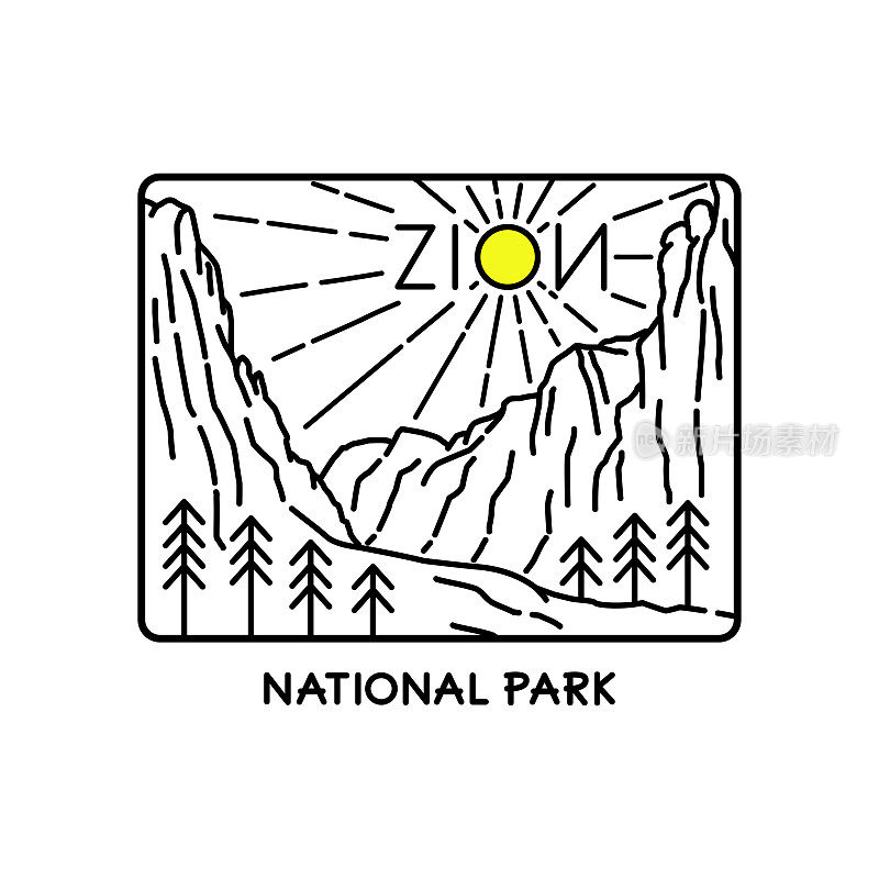 锡安国家公园景观单线艺术，贴片徽章设计，会徽设计，t恤设计