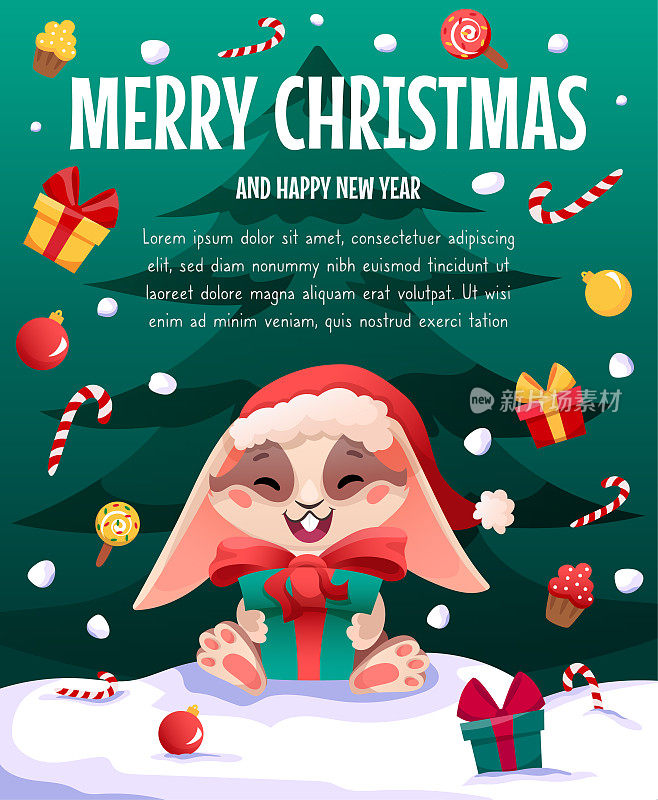 圣诞快乐和新年快乐的贺卡，可爱的圣诞兔子在圣诞老人的帽子，礼盒，雪和棒棒糖。矢量插图与空间的文字和卡通兔子的角色